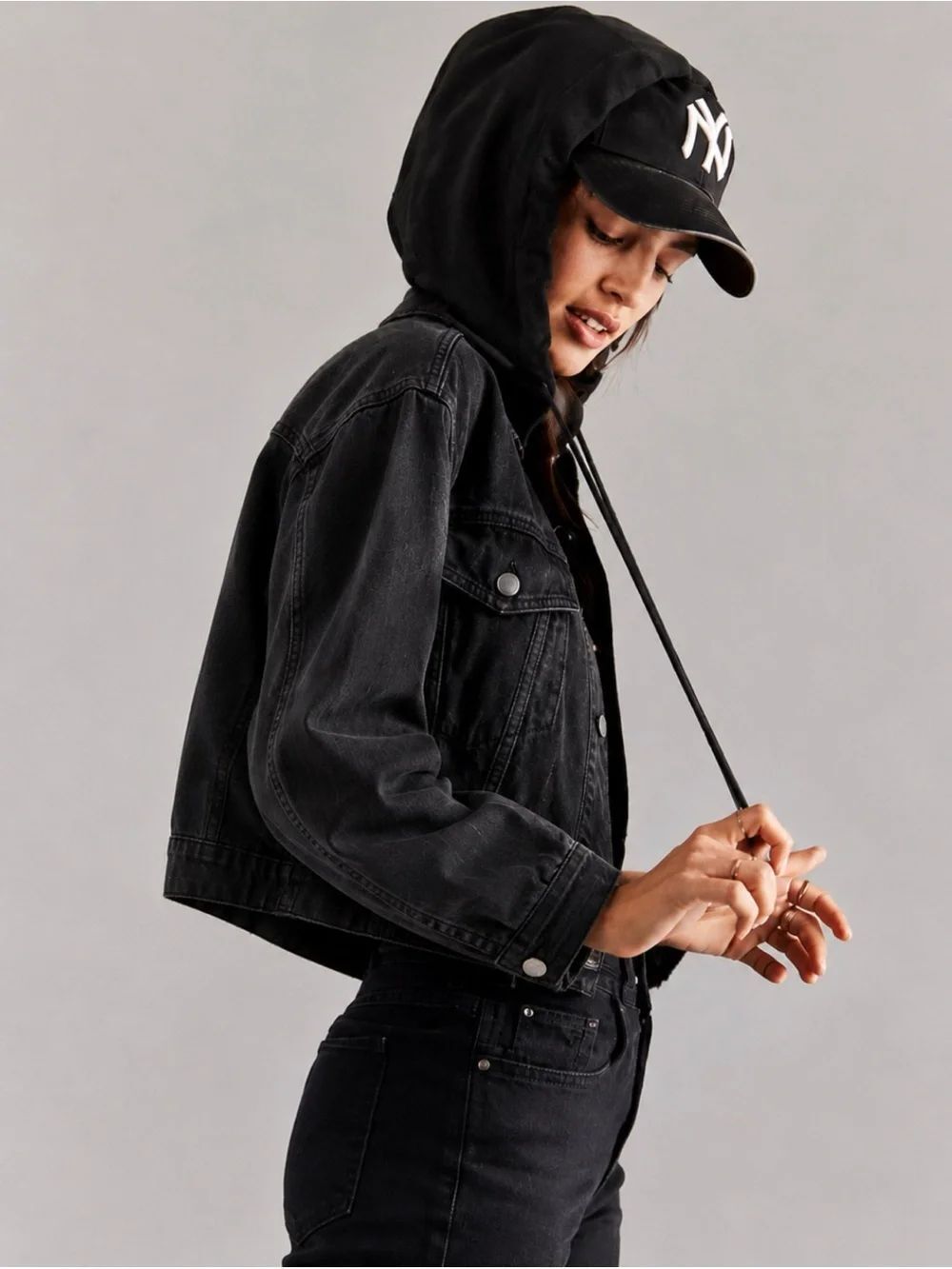 Rare~ We The Free Black Cropped Denim Jacket ~Hooded Layer ~ Size S